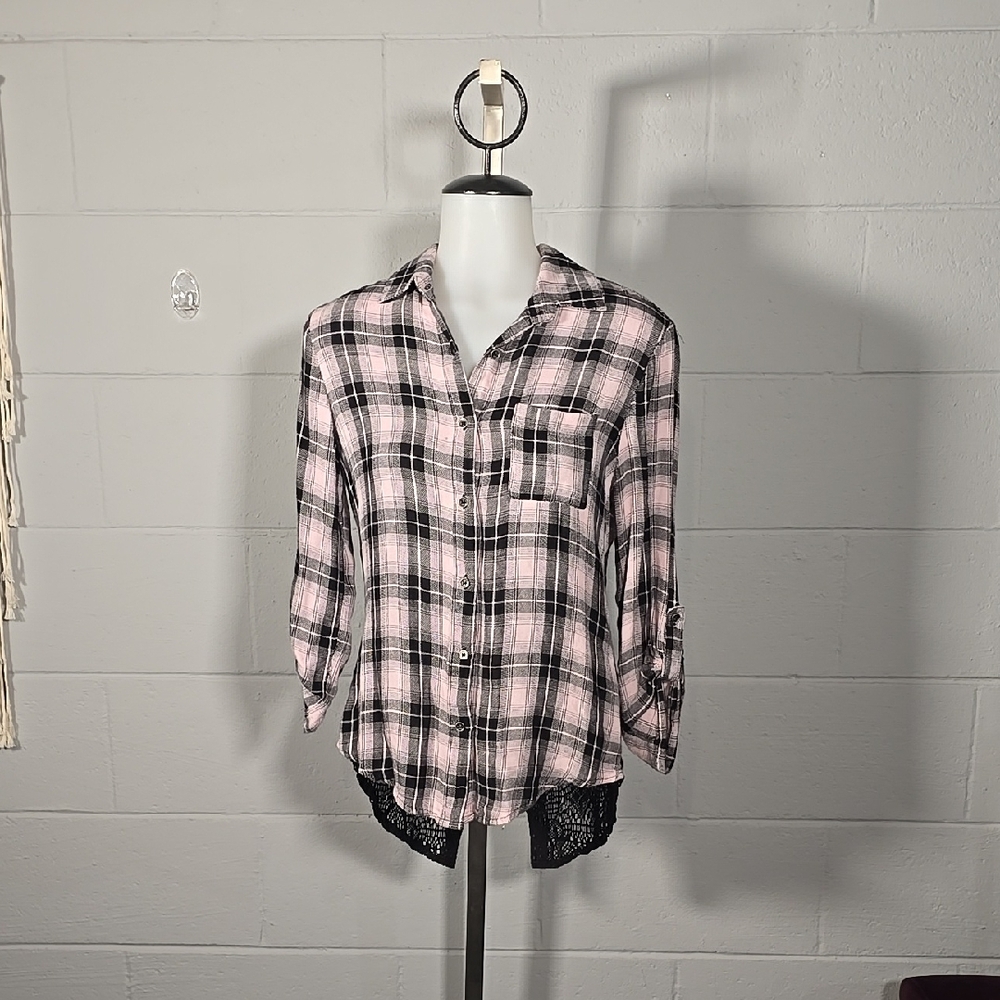 No Boundaries Pink and Black Plaid Button Down Shirt